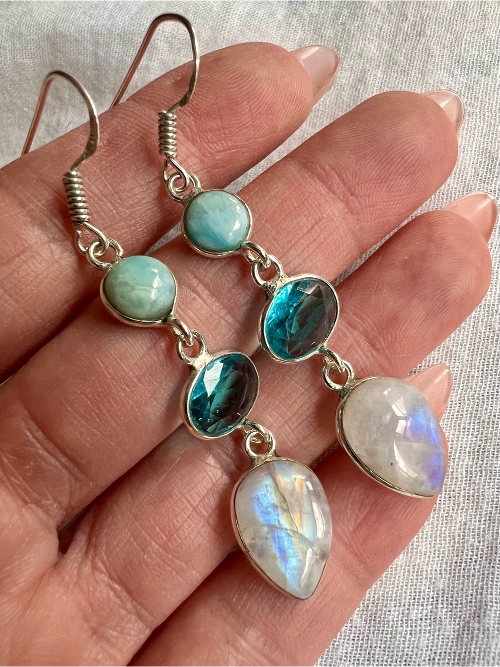 925 WOW WOW! Larimar + Flash Moonstone + Blue Topaz Long Earrings b